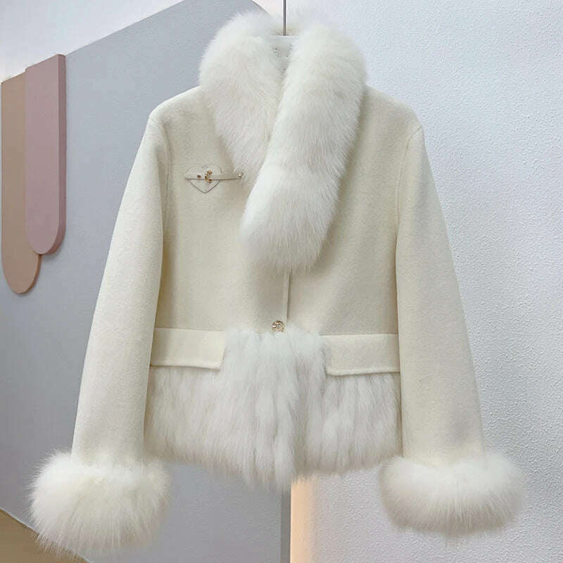 KIMLUD, 2023 Autumn Winter Natural Fox Fur Collar Women Cashmere Wool Woolen Ladies Outerwear Female Coat Real Fur Jacket, Beige / One Size, KIMLUD Womens Clothes