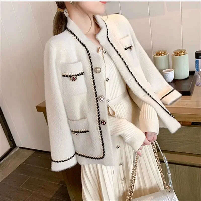 KIMLUD, 2023 Autumn Winter New Style Mink Thickened Short Jacket Women's Cardigan Woolen Top Stylish Woven Tweed Coat, KIMLUD Womens Clothes