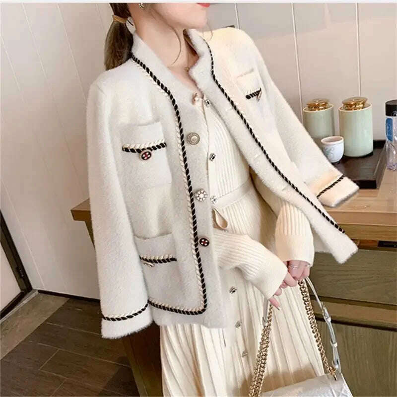 KIMLUD, 2023 Autumn Winter New Style Mink Thickened Short Jacket Women's Cardigan Woolen Top Stylish Woven Tweed Coat, Size XL 62.50 kg-67.50 kg / WHITE, KIMLUD APPAREL - Womens Clothes