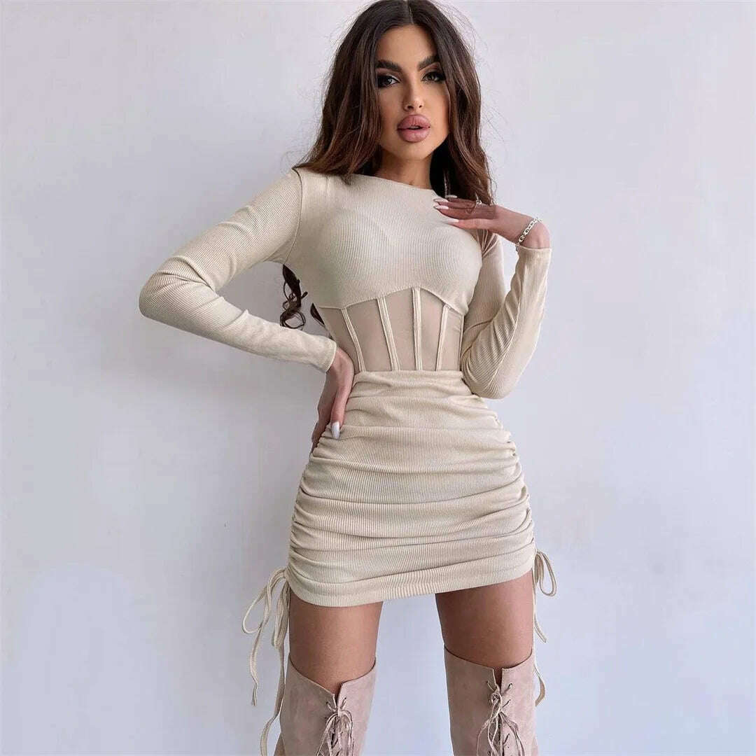 2023 Autumn Winter O-neck Hollow Out Tunics Short Party Dress Streetwear Woman Casual Sexy Bodycon Shirring Mesh Corset Dresses, KIMLUD Women's Clothes