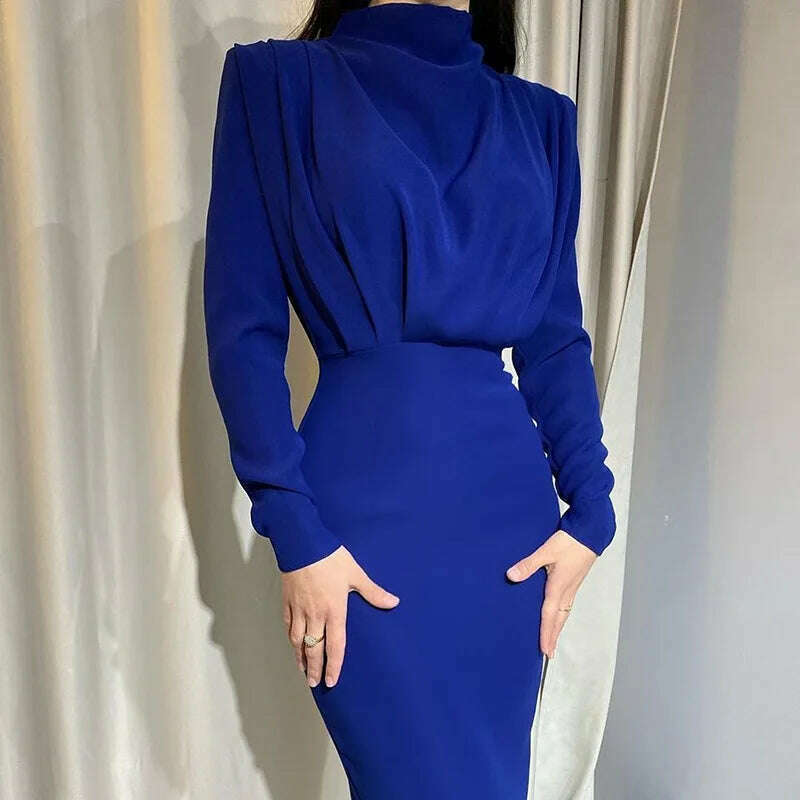 KIMLUD, 2023 Autumn Winter Solid Blue Maxi Dresses For Women Turtleneck Long Sleeve Bandage Hip Slim Office Lady Party Dress Fall Robes, KIMLUD Womens Clothes