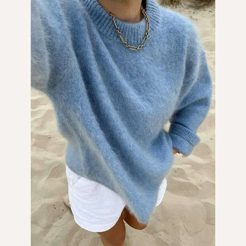 2023 Autumn Women Solid Warm Sweater Pullover Casual Loose O Neck Long Sleeve Knit Tops Ladies Oversize High Street Knitwear - KIMLUD