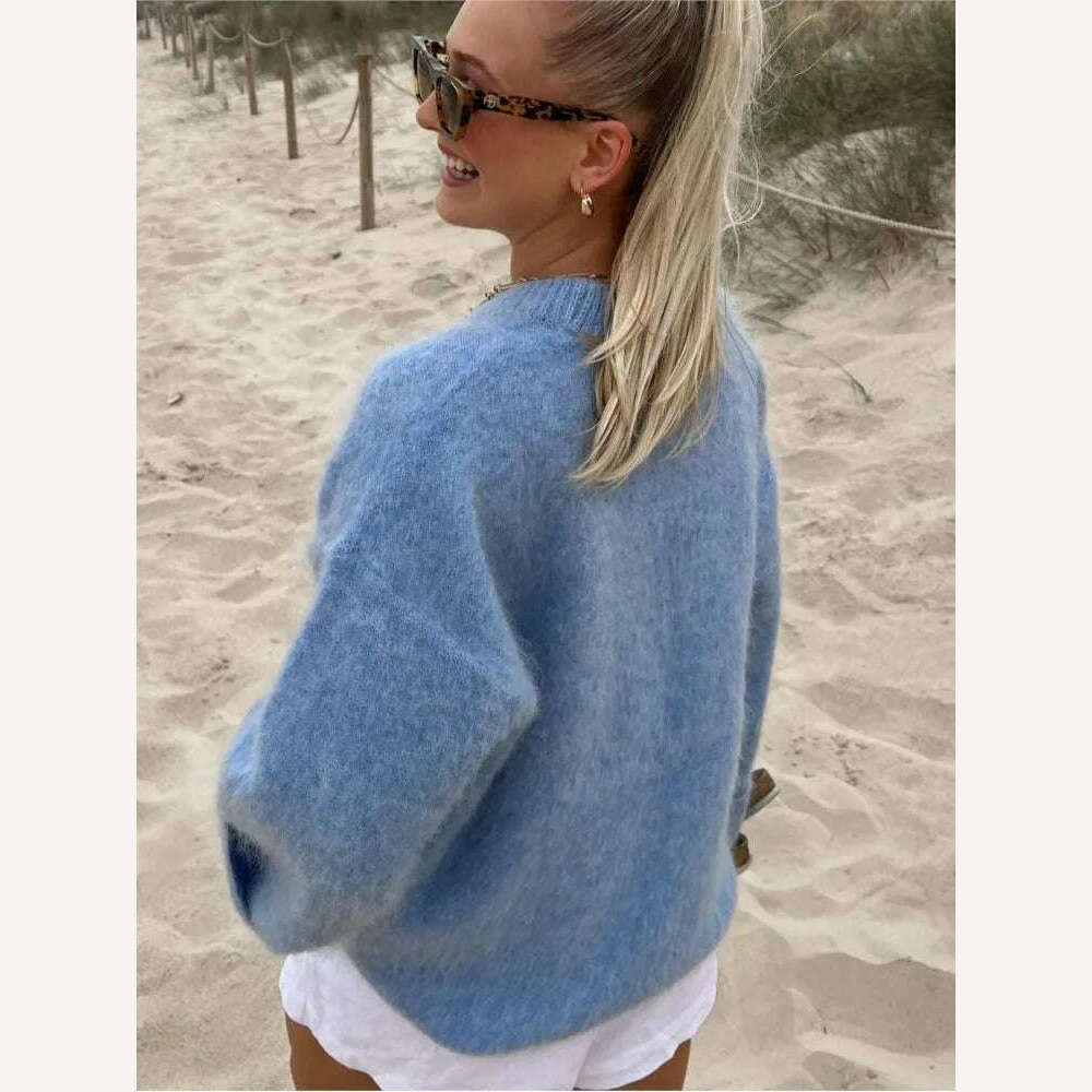 2023 Autumn Women Solid Warm Sweater Pullover Casual Loose O Neck Long Sleeve Knit Tops Ladies Oversize High Street Knitwear - KIMLUD