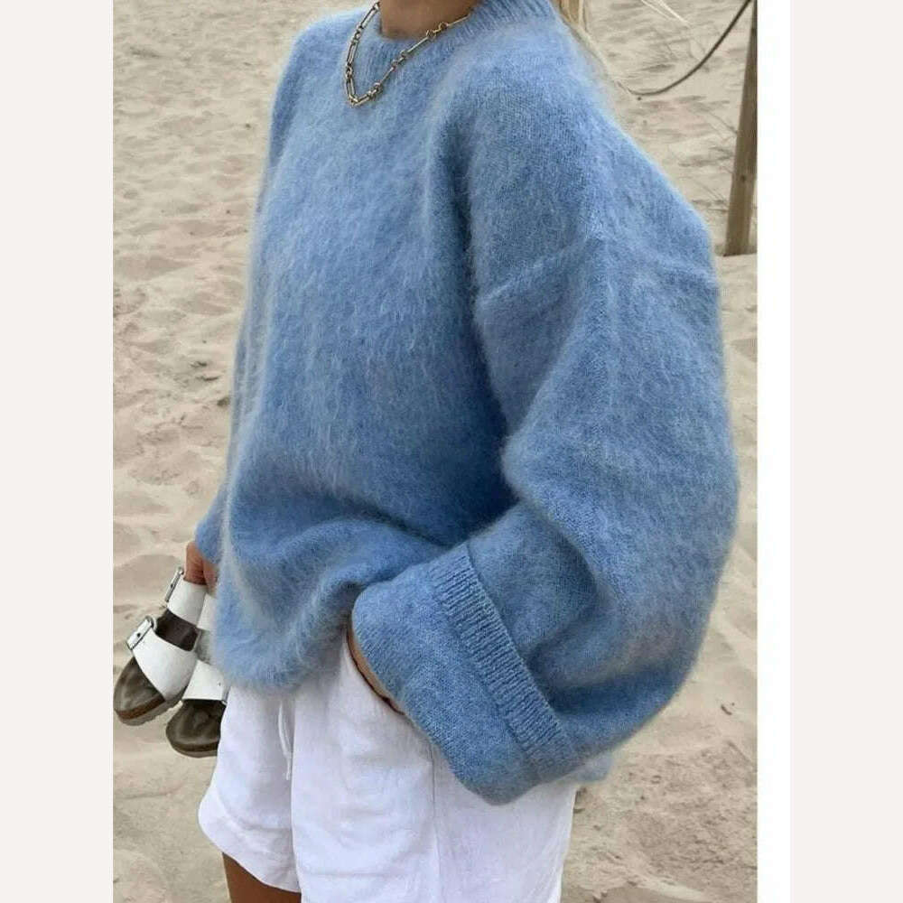 2023 Autumn Women Solid Warm Sweater Pullover Casual Loose O Neck Long Sleeve Knit Tops Ladies Oversize High Street Knitwear - KIMLUD