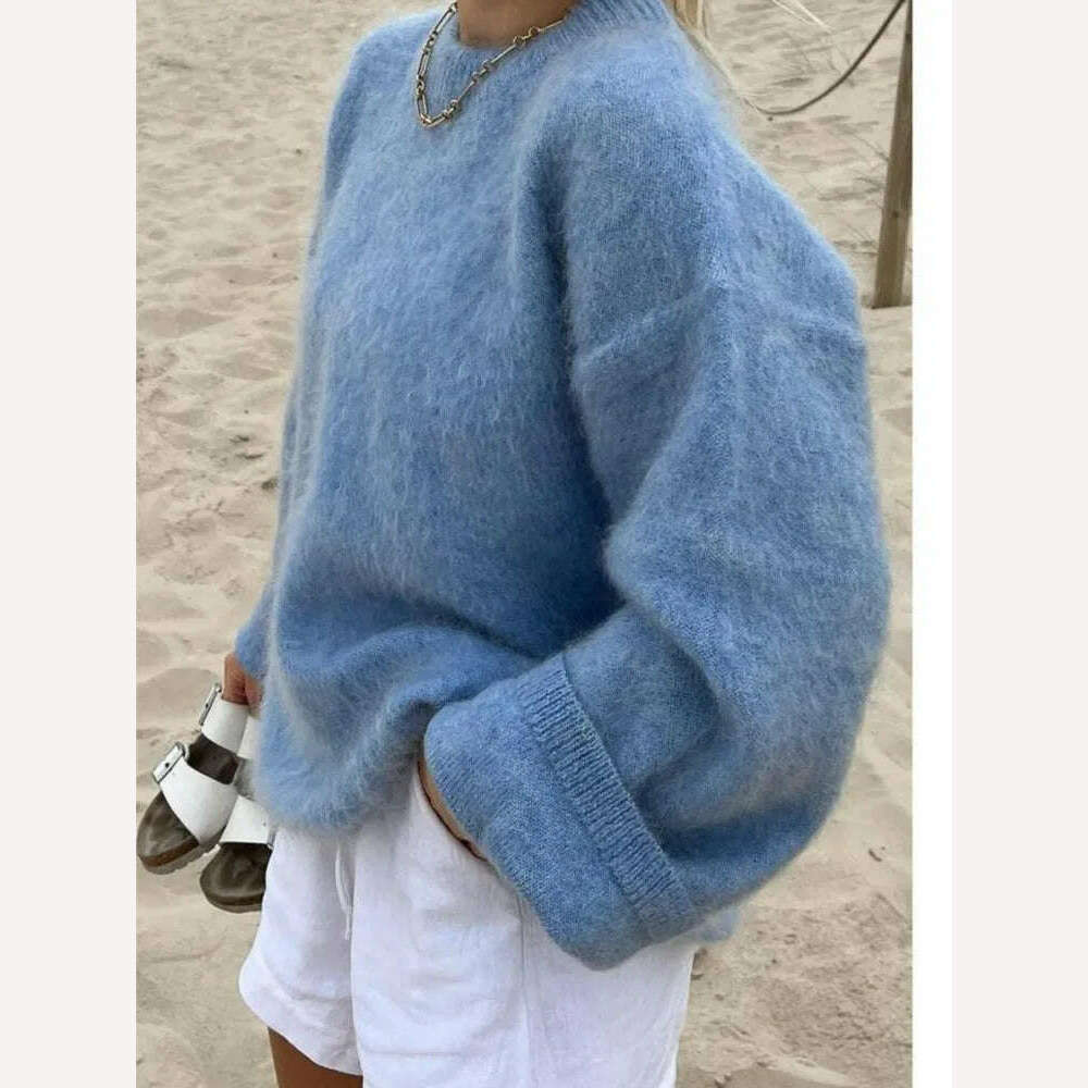 2023 Autumn Women Solid Warm Sweater Pullover Casual Loose O Neck Long Sleeve Knit Tops Ladies Oversize High Street Knitwear - KIMLUD