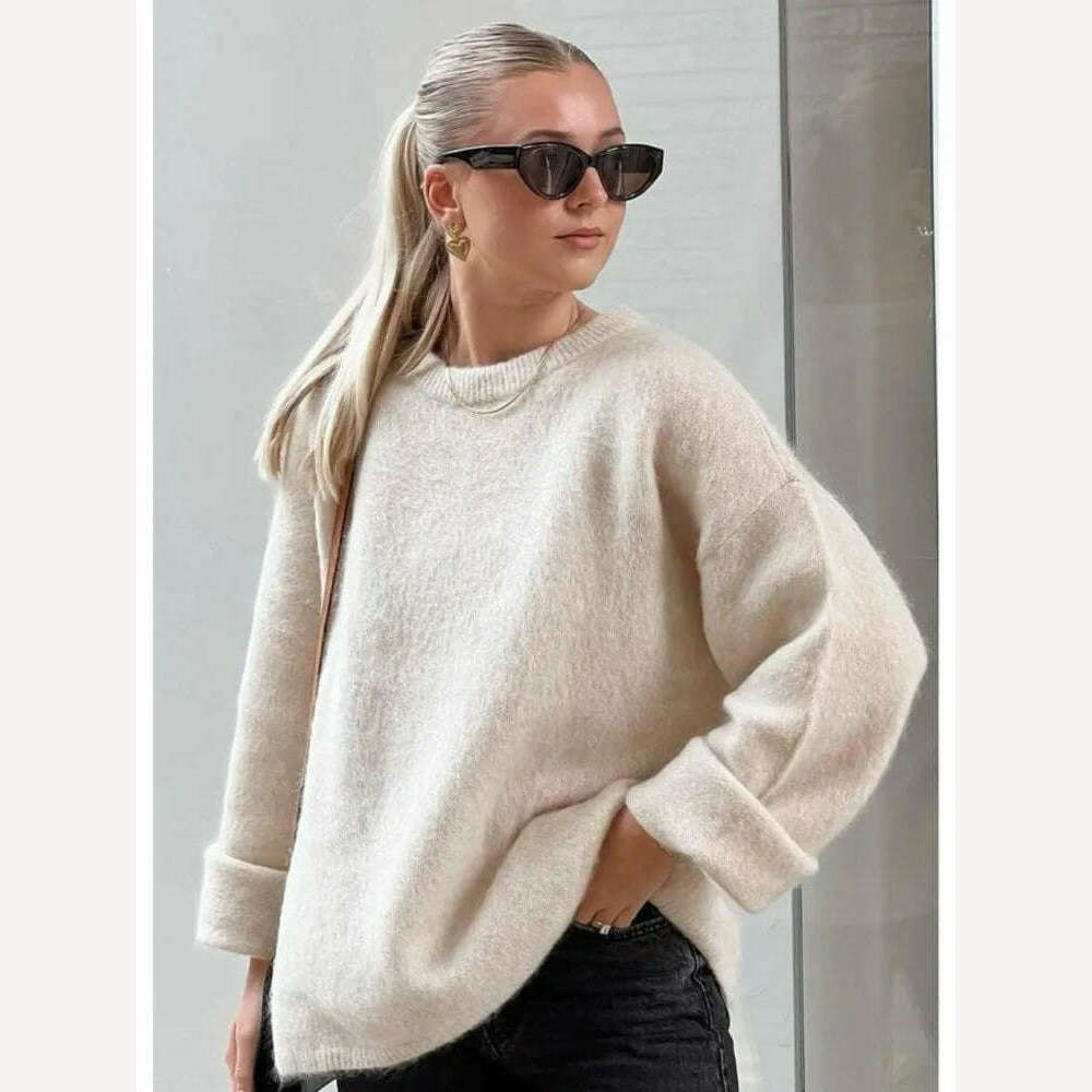 2023 Autumn Women Solid Warm Sweater Pullover Casual Loose O Neck Long Sleeve Knit Tops Ladies Oversize High Street Knitwear - KIMLUD