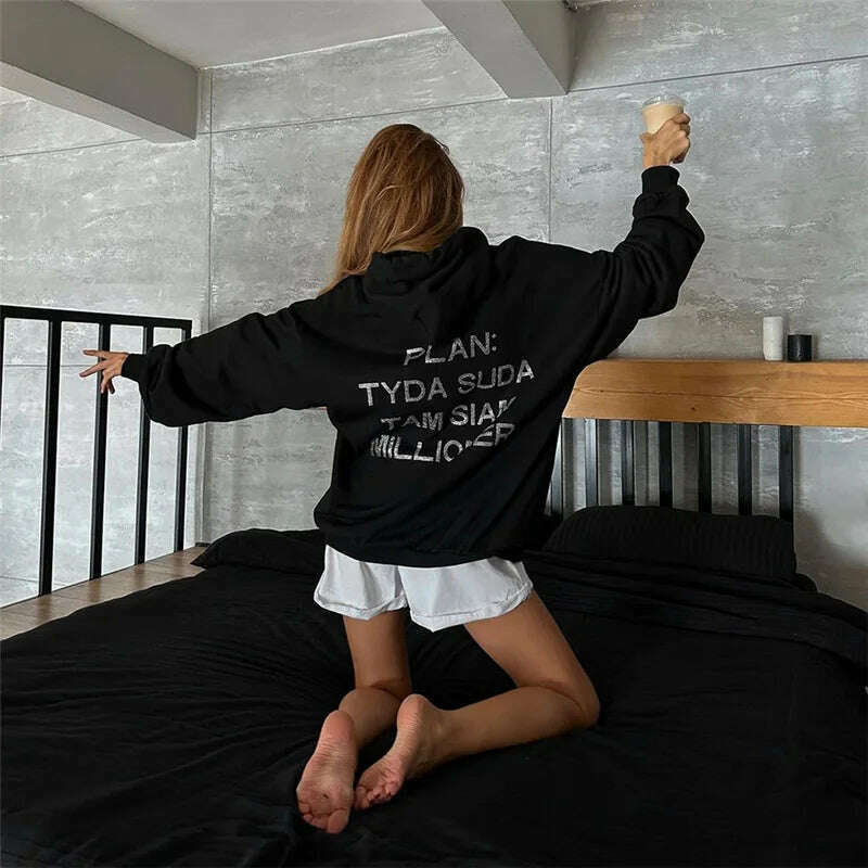 KIMLUD, 2023 Autumn Women's New Fashion Hooded Letter Hot Diamond Street Trendy Loose Mid length Sweater, Black / S, KIMLUD Womens Clothes