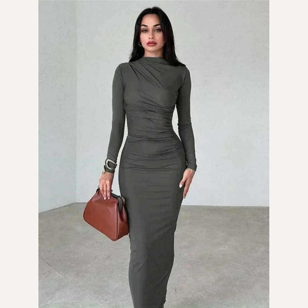 2023 Autumn Women's O-neck High Waist Folds Long Dress Streetwear Winter Office Lady Solid Tunics Bodycon Evening Party Dresses - KIMLUD