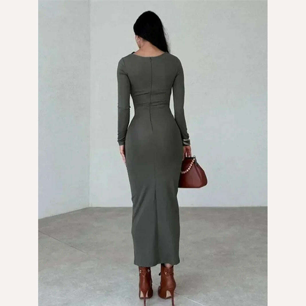 2023 Autumn Women's O-neck High Waist Folds Long Dress Streetwear Winter Office Lady Solid Tunics Bodycon Evening Party Dresses - KIMLUD