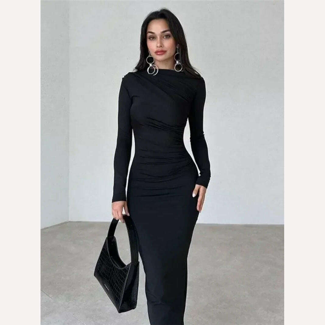 KIMLUD, 2023 Autumn Women's O-neck High Waist Folds Long Dress Streetwear Winter Office Lady Solid Tunics Bodycon Evening Party Dresses, black / S, KIMLUD Womens Clothes