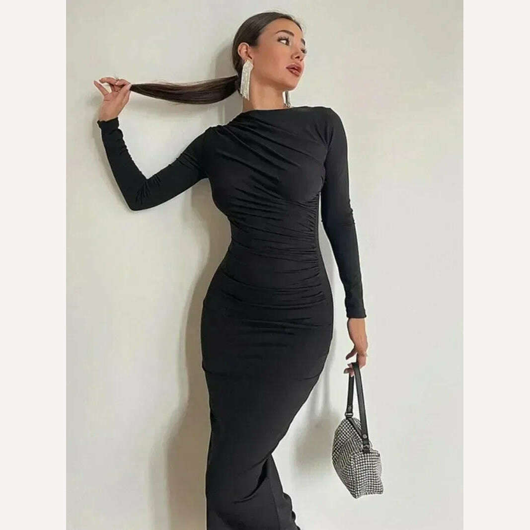 2023 Autumn Women's O-neck High Waist Folds Long Dress Streetwear Winter Office Lady Solid Tunics Bodycon Evening Party Dresses - KIMLUD