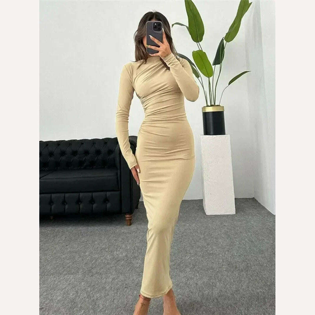 KIMLUD, 2023 Autumn Women's O-neck High Waist Folds Long Dress Streetwear Winter Office Lady Solid Tunics Bodycon Evening Party Dresses, KIMLUD Womens Clothes