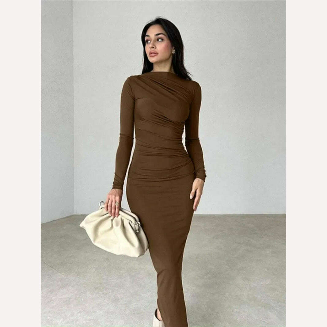 KIMLUD, 2023 Autumn Women's O-neck High Waist Folds Long Dress Streetwear Winter Office Lady Solid Tunics Bodycon Evening Party Dresses, Coffee / S, KIMLUD Womens Clothes