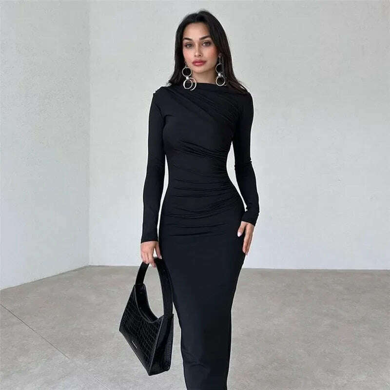 KIMLUD, 2023 Autumn Women's O-neck High Waist Folds Long Dress Streetwear Winter Office Lady Solid Tunics Bodycon Evening Party Dresses, KIMLUD Womens Clothes