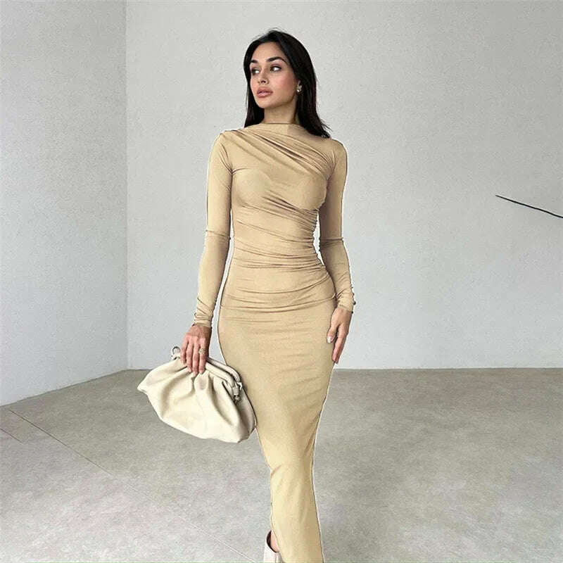 2023 Autumn Women's O-neck High Waist Folds Long Dress Streetwear Winter Office Lady Solid Tunics Bodycon Evening Party Dresses - KIMLUD