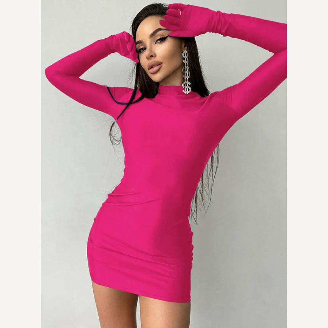 KIMLUD, 2023 Autumn Women's Sexy Solid Color Long Sleeve Gloves Party Dress Fashion Ladies Bodycon Package Hip Night Club Short Dresses, KIMLUD Womens Clothes