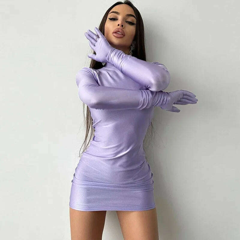 KIMLUD, 2023 Autumn Women's Sexy Solid Color Long Sleeve Gloves Party Dress Fashion Ladies Bodycon Package Hip Night Club Short Dresses, PURPLE / S, KIMLUD Women's Clothes
