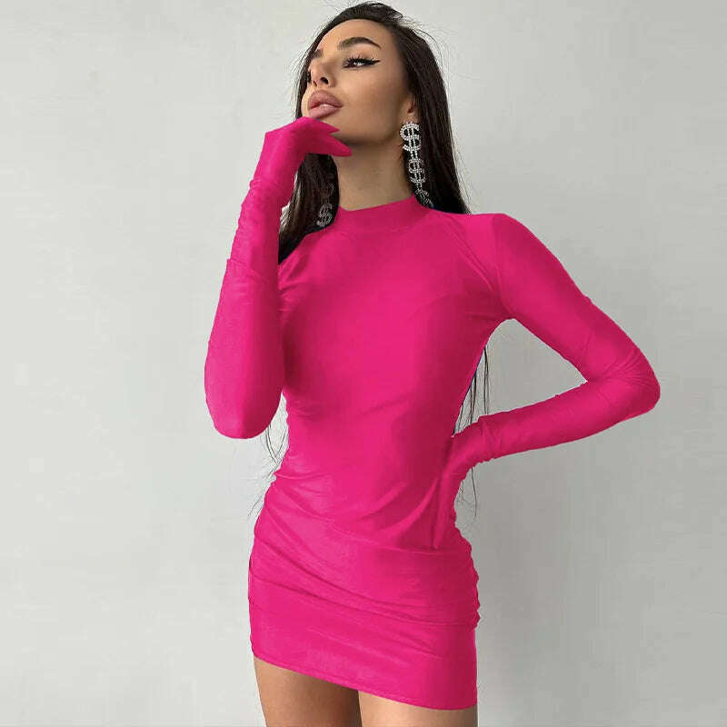 KIMLUD, 2023 Autumn Women's Sexy Solid Color Long Sleeve Gloves Party Dress Fashion Ladies Bodycon Package Hip Night Club Short Dresses, KIMLUD Womens Clothes