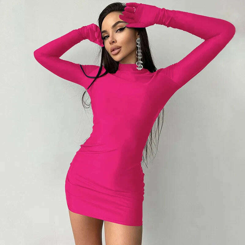 KIMLUD, 2023 Autumn Women's Sexy Solid Color Long Sleeve Gloves Party Dress Fashion Ladies Bodycon Package Hip Night Club Short Dresses, KIMLUD Women's Clothes