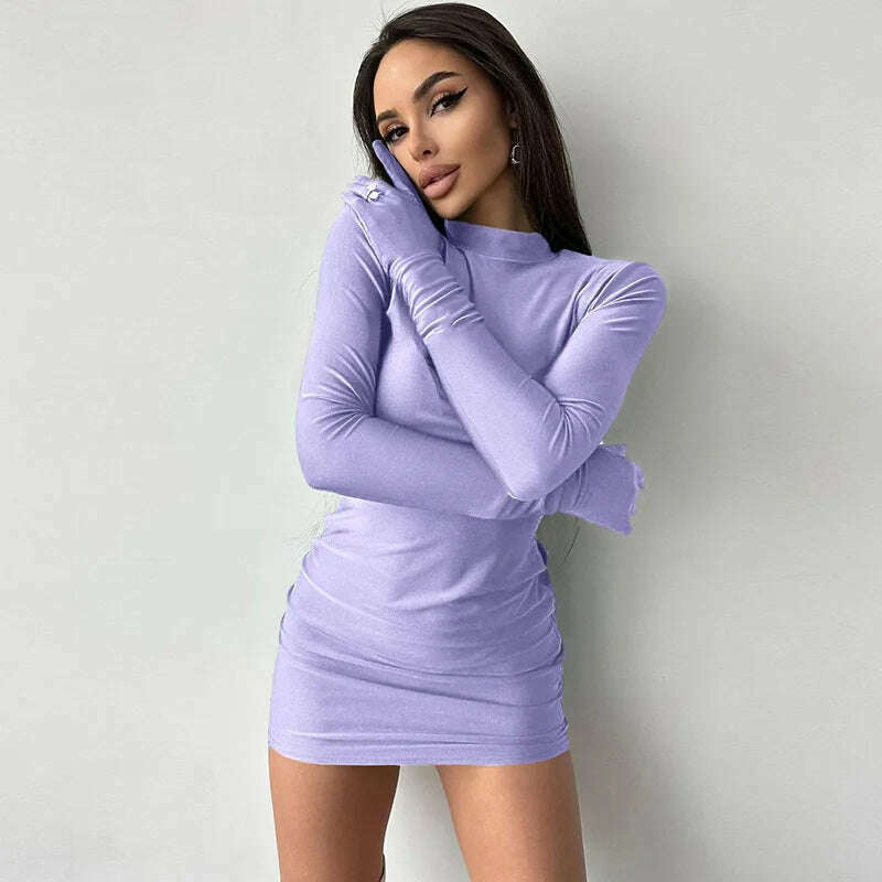 KIMLUD, 2023 Autumn Women's Sexy Solid Color Long Sleeve Gloves Party Dress Fashion Ladies Bodycon Package Hip Night Club Short Dresses, KIMLUD Womens Clothes