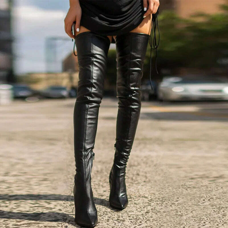 KIMLUD, 2023 Black Thigh High Boots Women Shoes Sexy High Heels Side Zip Women's Over-the-knee Boots Pointed Toe Knee High Boots, KIMLUD Womens Clothes