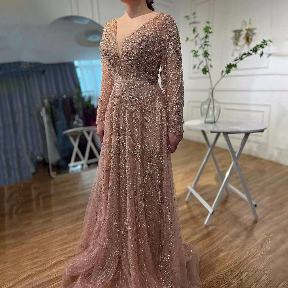 2023 Dubai Rose Gold A-Line Luxury Prom Dresses V-Neck Pearls Crystal Sleeveless Party Wear Serene Hill BLA70287 - KIMLUD