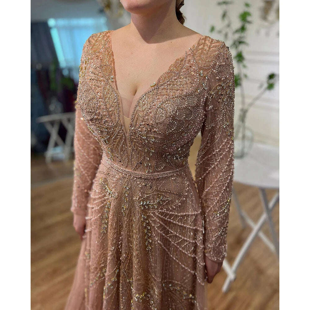 2023 Dubai Rose Gold A-Line Luxury Prom Dresses V-Neck Pearls Crystal Sleeveless Party Wear Serene Hill BLA70287 - KIMLUD