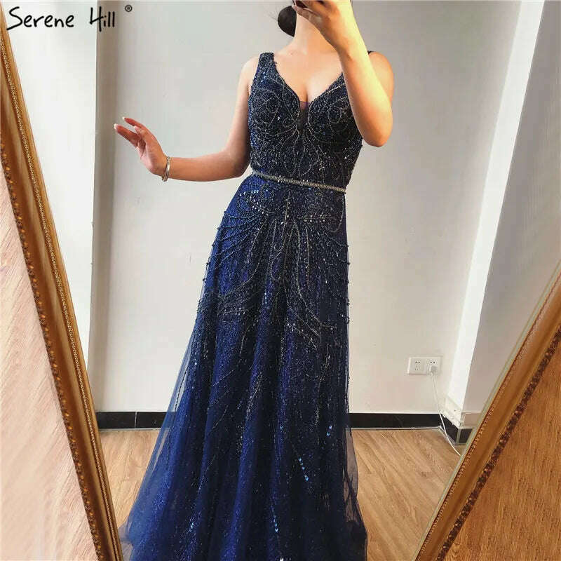 2023 Dubai Rose Gold A-Line Luxury Prom Dresses V-Neck Pearls Crystal Sleeveless Party Wear Serene Hill BLA70287 - KIMLUD