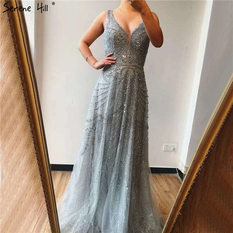 2023 Dubai Rose Gold A-Line Luxury Prom Dresses V-Neck Pearls Crystal Sleeveless Party Wear Serene Hill BLA70287 - KIMLUD