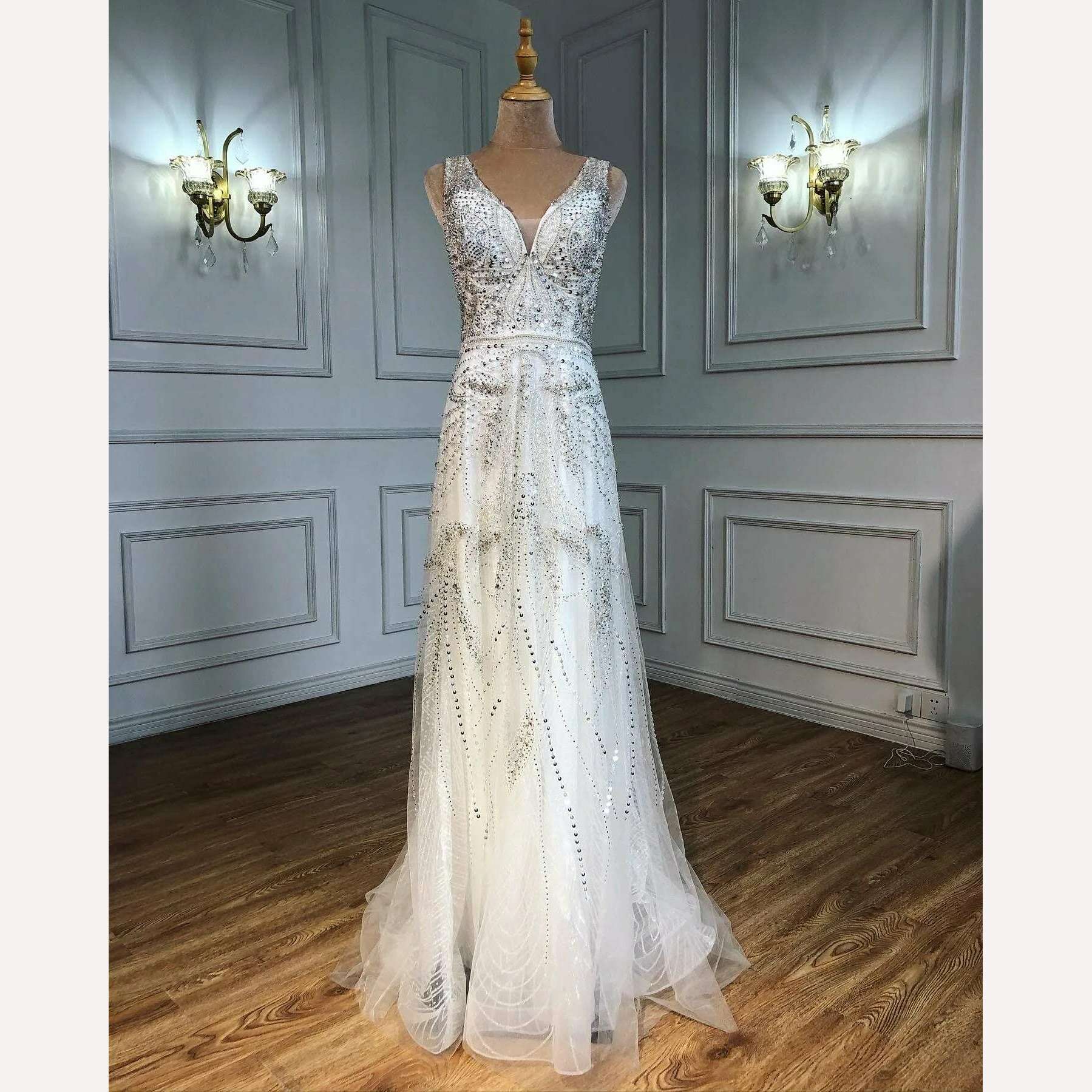 2023 Dubai Rose Gold A-Line Luxury Prom Dresses V-Neck Pearls Crystal Sleeveless Party Wear Serene Hill BLA70287 - KIMLUD