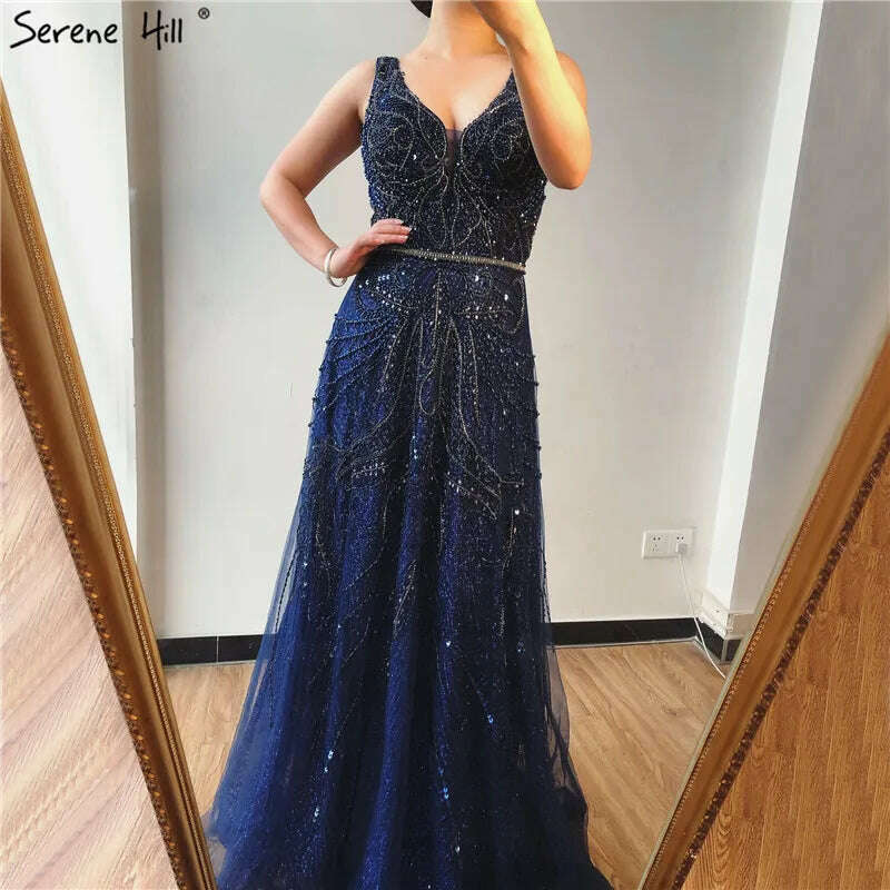 2023 Dubai Rose Gold A-Line Luxury Prom Dresses V-Neck Pearls Crystal Sleeveless Party Wear Serene Hill BLA70287 - KIMLUD