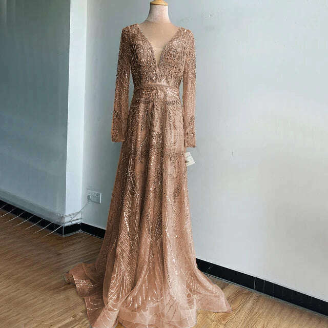 2023 Dubai Rose Gold A-Line Luxury Prom Dresses V-Neck Pearls Crystal Sleeveless Party Wear Serene Hill BLA70287 - KIMLUD