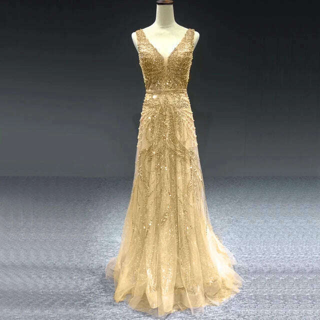 2023 Dubai Rose Gold A-Line Luxury Prom Dresses V-Neck Pearls Crystal Sleeveless Party Wear Serene Hill BLA70287 - KIMLUD
