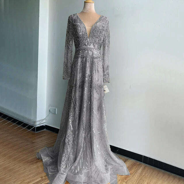 2023 Dubai Rose Gold A-Line Luxury Prom Dresses V-Neck Pearls Crystal Sleeveless Party Wear Serene Hill BLA70287 - KIMLUD