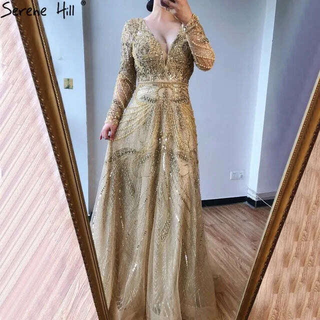 2023 Dubai Rose Gold A-Line Luxury Prom Dresses V-Neck Pearls Crystal Sleeveless Party Wear Serene Hill BLA70287 - KIMLUD