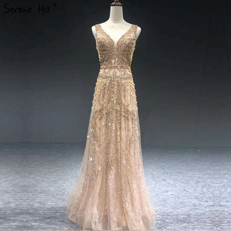 2023 Dubai Rose Gold A-Line Luxury Prom Dresses V-Neck Pearls Crystal Sleeveless Party Wear Serene Hill BLA70287 - KIMLUD