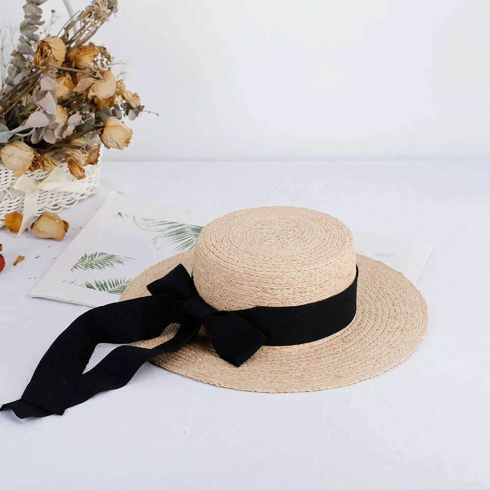 KIMLUD, 2023 elegant women's RAFFIA hats bow Straw hat with large brim women's hats for the sun summer hat Straw hat Bucket hat golf hat, Black / 56-58cm, KIMLUD Womens Clothes