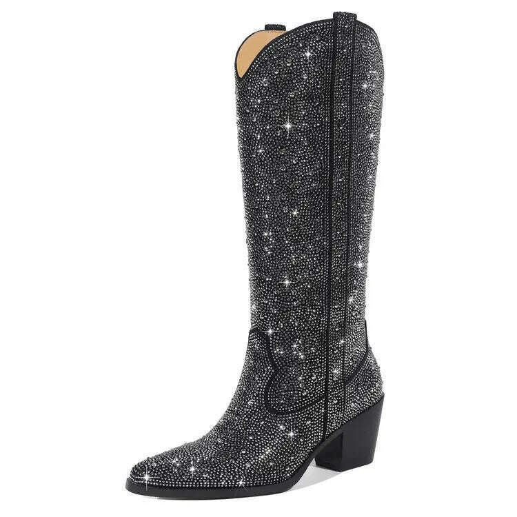 KIMLUD, 2023 Embroidered Rivet Knee Boots 43 Rhinestone Pointy Women Boots Leather Car Stitching Chelsea Boot Fashion Show Shiny Boots, 138-H292-black / 35, KIMLUD Women's Clothes