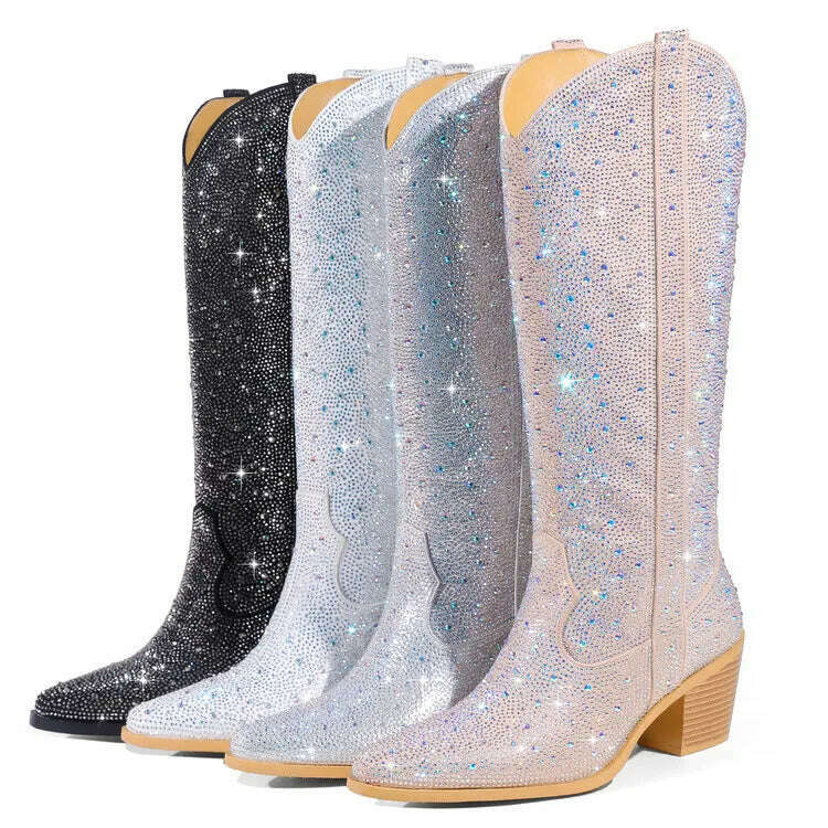 KIMLUD, 2023 Embroidered Rivet Knee Boots 43 Rhinestone Pointy Women Boots Leather Car Stitching Chelsea Boot Fashion Show Shiny Boots, KIMLUD Women's Clothes