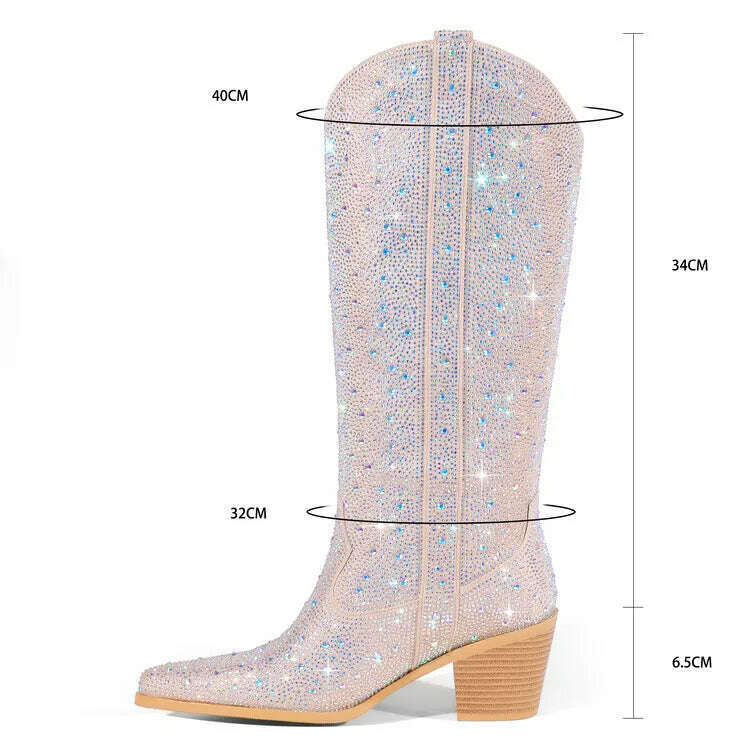 KIMLUD, 2023 Embroidered Rivet Knee Boots 43 Rhinestone Pointy Women Boots Leather Car Stitching Chelsea Boot Fashion Show Shiny Boots, KIMLUD Womens Clothes