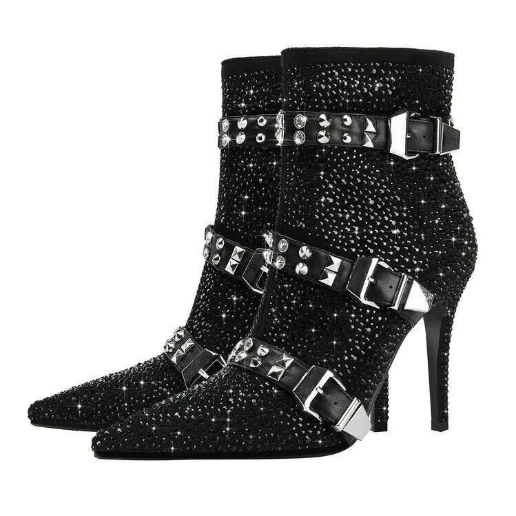 KIMLUD, 2023 European and American Fashion Rhinestone Rivet Belt Buckle Thin High Heel Side Zipper Banquet Show Women's Short Boots, black / 35, KIMLUD Womens Clothes