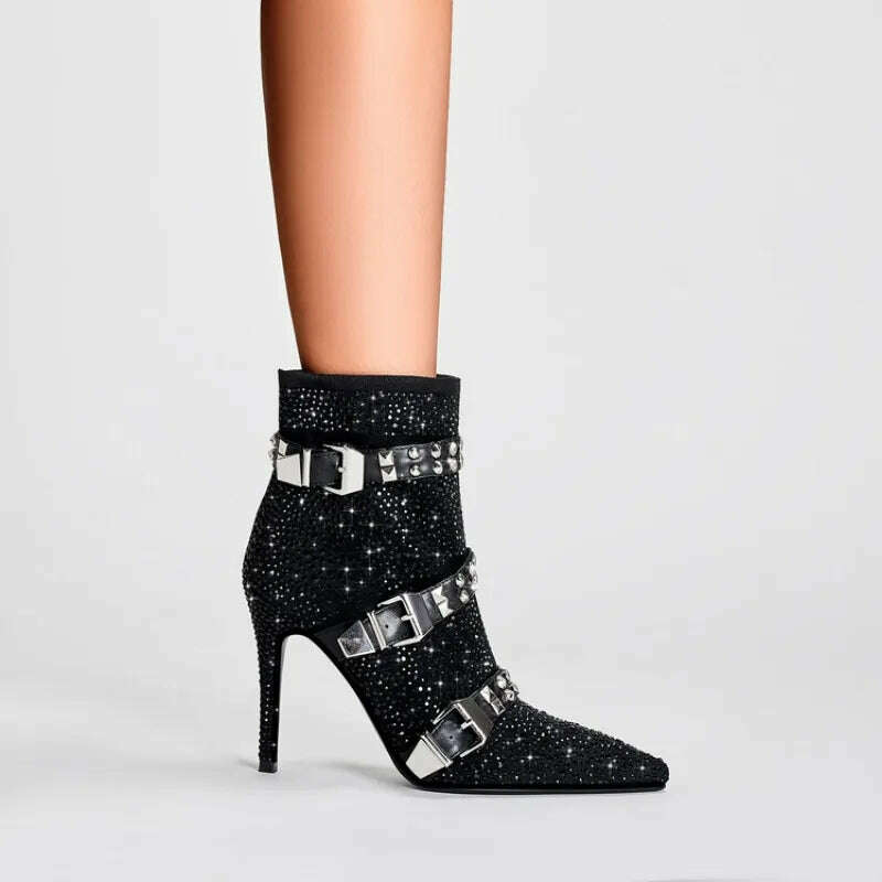 KIMLUD, 2023 European and American Fashion Rhinestone Rivet Belt Buckle Thin High Heel Side Zipper Banquet Show Women's Short Boots, KIMLUD Women's Clothes