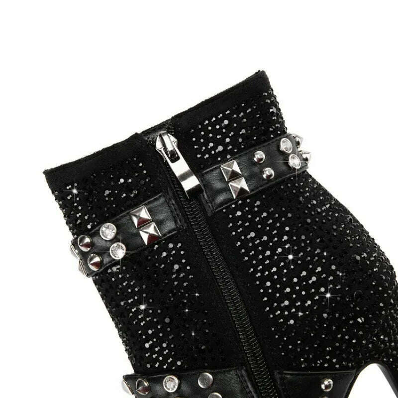 KIMLUD, 2023 European and American Fashion Rhinestone Rivet Belt Buckle Thin High Heel Side Zipper Banquet Show Women's Short Boots, KIMLUD Womens Clothes