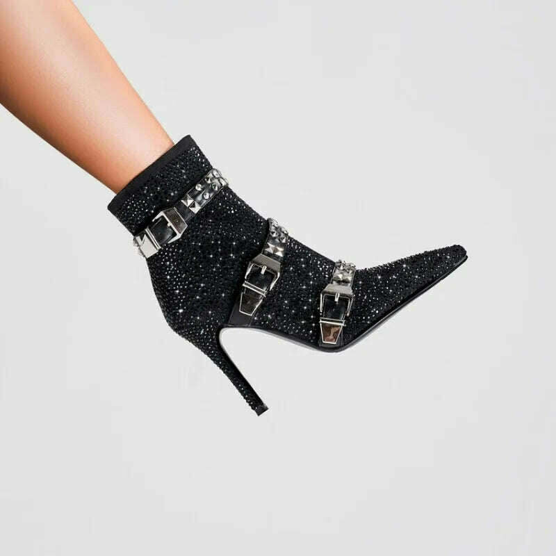 KIMLUD, 2023 European and American Fashion Rhinestone Rivet Belt Buckle Thin High Heel Side Zipper Banquet Show Women's Short Boots, KIMLUD Womens Clothes