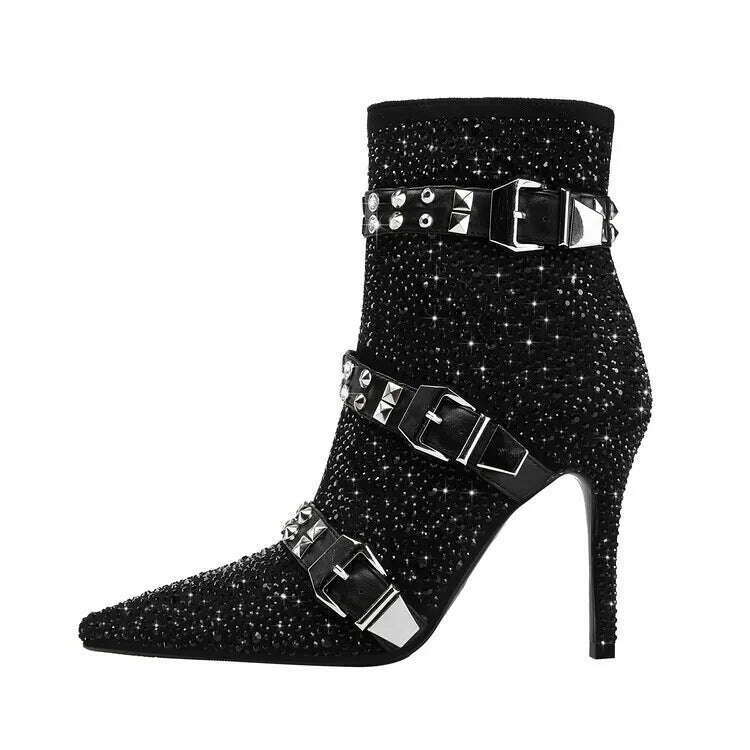 KIMLUD, 2023 European and American Fashion Rhinestone Rivet Belt Buckle Thin High Heel Side Zipper Banquet Show Women's Short Boots, KIMLUD Womens Clothes