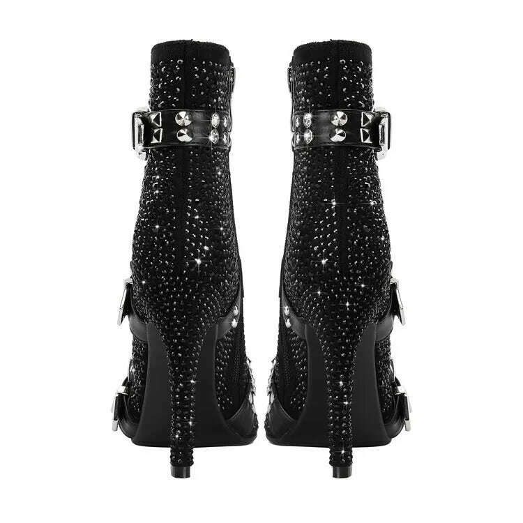 KIMLUD, 2023 European and American Fashion Rhinestone Rivet Belt Buckle Thin High Heel Side Zipper Banquet Show Women's Short Boots, KIMLUD Womens Clothes