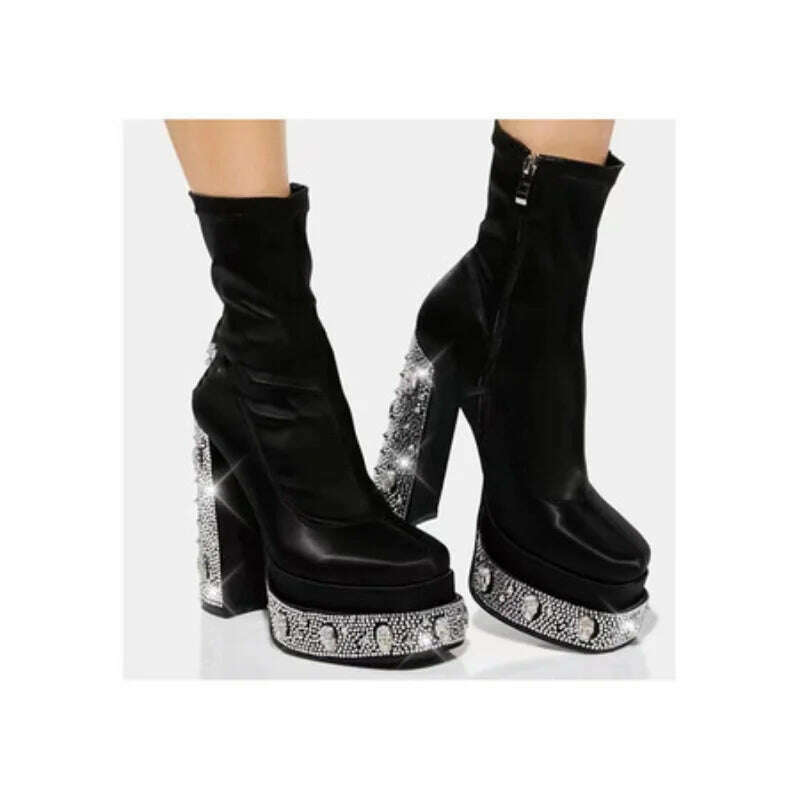 2023 European and American Waterproof Platform High-heeled Rhinestone Fashion Catwalk Boots Round Head Satin Black Leather Boots, KIMLUD Women's Clothes