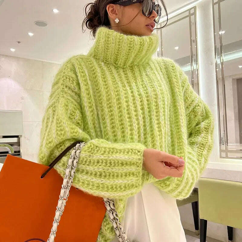 KIMLUD, 2023 Fashion Fluffy Turtleneck Women Sweater Tops Knitted Casual Warm Sweaters Female Lady Soft Long Sleeve Pullover Streetwear, Green / S, KIMLUD Womens Clothes