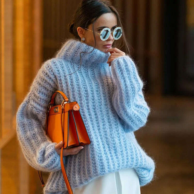 2023 Fashion Fluffy Turtleneck Women Sweater Tops Knitted Casual Warm Sweaters Female Lady Soft Long Sleeve Pullover Streetwear, Blue / S, KIMLUD Women's Clothes