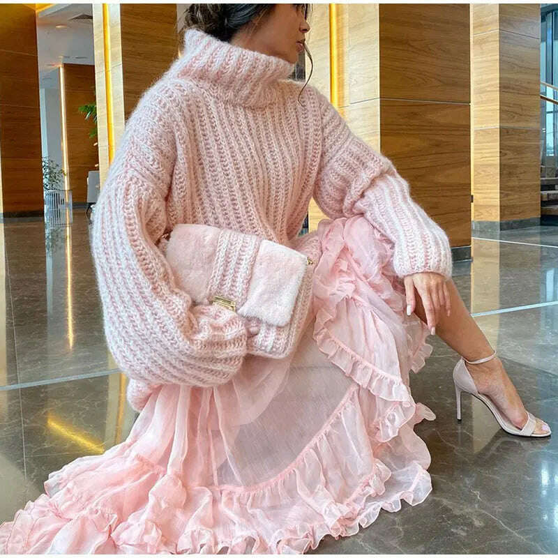 2023 Fashion Fluffy Turtleneck Women Sweater Tops Knitted Casual Warm Sweaters Female Lady Soft Long Sleeve Pullover Streetwear - KIMLUD